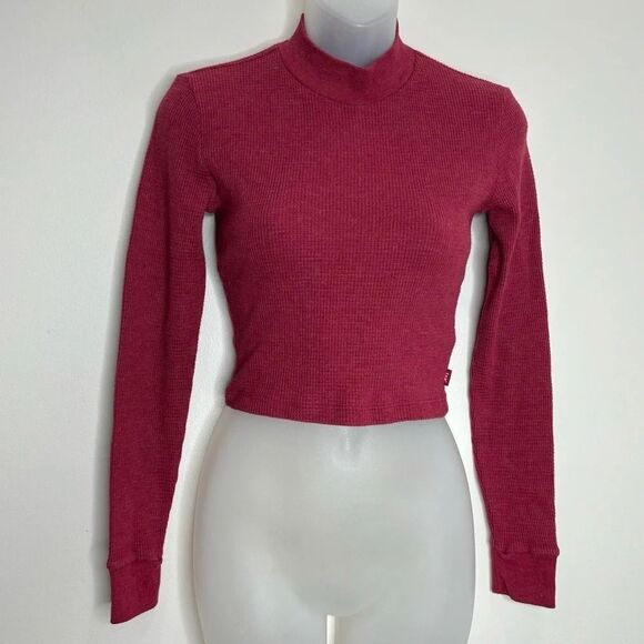 TNA Red Cropped long Sleeve High Neck Waffle Knit Thermal top size small - Picture 1 of 7